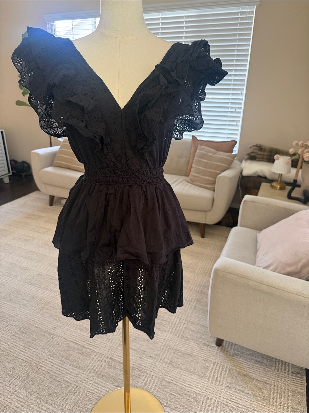 Black Eyelet Ruffle V-Neck Mini Dress